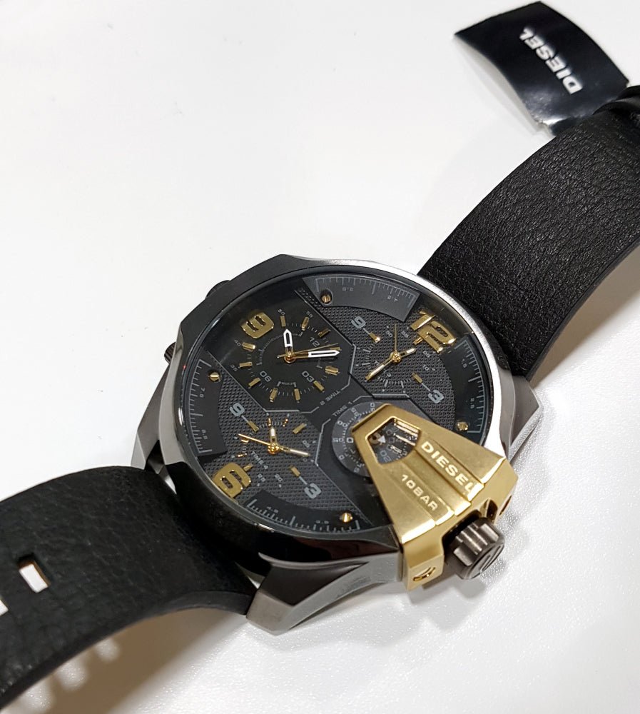 Diesel DZ7377 Uber Chief Two-Hand Men's Watch – Black Dial & Black Leather Strap